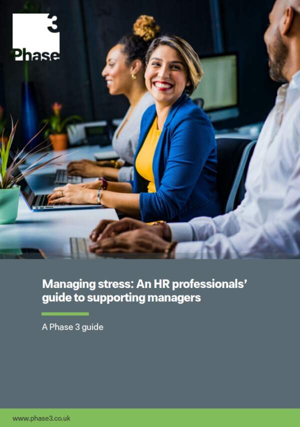 Cover of guide; Managing Stres: An HR professional's guide to supporting mangagers. Woman smiling on cover.